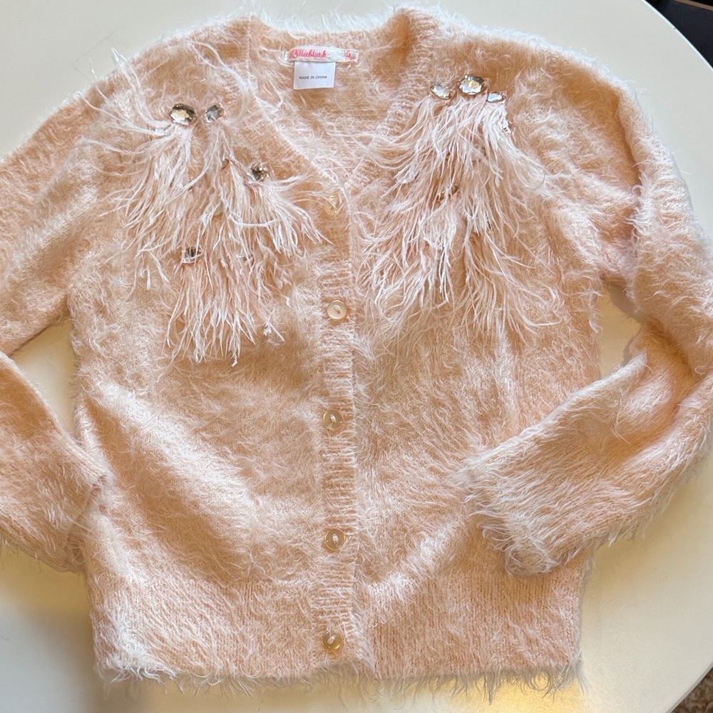 Billieblush Pink Feather-Trim Fuzzy Cardigan with Jewel Accents